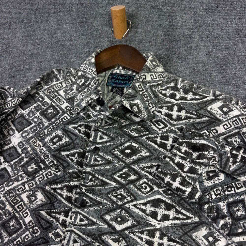 Shah Safari Button Down Shirt Mens L Black White Geometric Tribal Cotton 0248